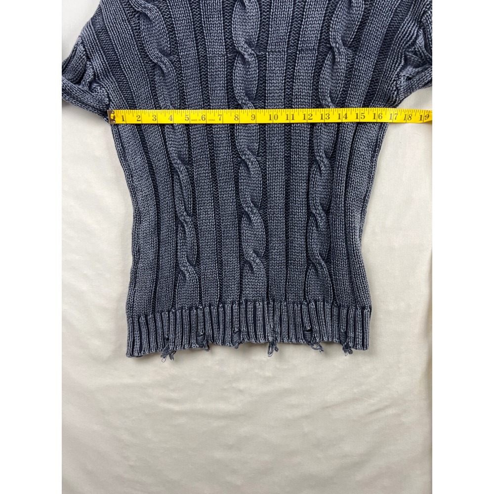 Evereve Cable Knit Sweater Womens Medium Blue Distressed Cotton Crew Neck Artsy - Picture 6 of 9